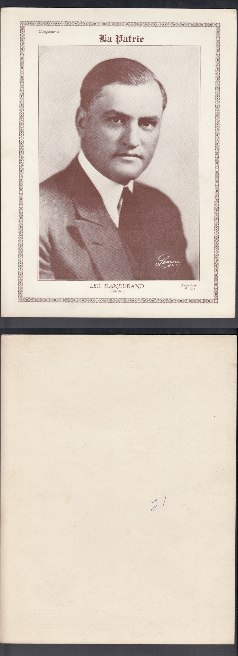 1927-28 LA PATRIE PHOTO #16 L. DANDURAND photo