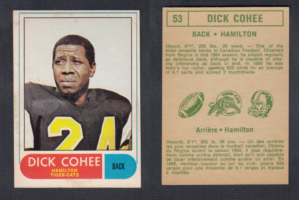 1968 CFL O-PEE-CHEE FOOTBALL CARD #53 D. COHEE photo