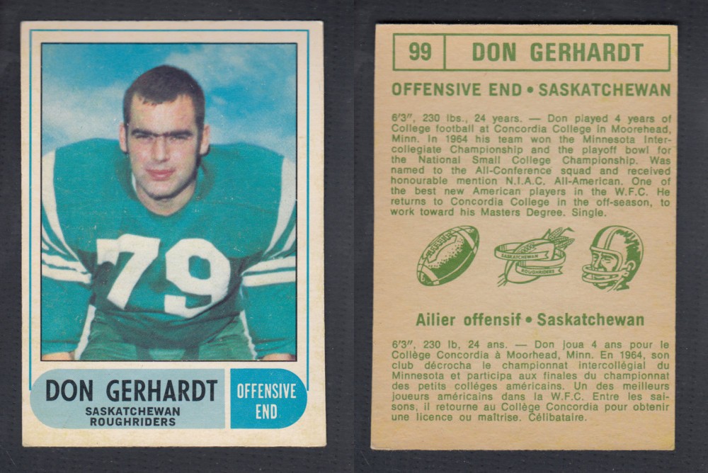 1968 CFL O-PEE-CHEE FOOTBALL CARD #99 D. GERHARDT photo 1968 CFL O-PEE-CHEE FOOTBALL CARD #99 D. GERHARDT photo