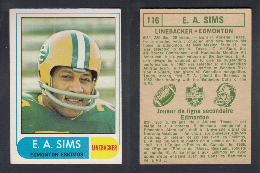 1968 CFL O-PEE-CHEE FOOTBALL CARD #116 E. SIMS photo 1968 CFL O-PEE-CHEE FOOTBALL CARD #116 E. SIMS photo