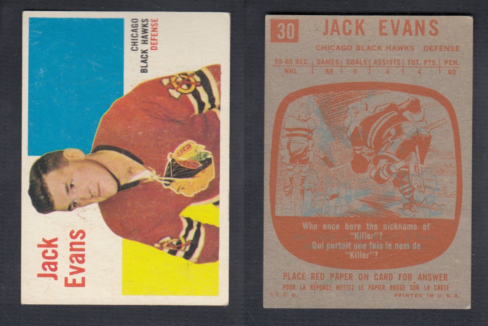 1960-61 TOPPS HOCKEY CARD #30 J. EVANS photo 1960-61 TOPPS HOCKEY CARD #30 J. EVANS photo