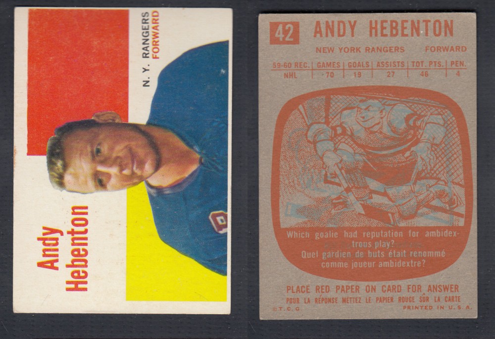 1960-61 TOPPS HOCKEY CARD #42 A. HEBENTON photo 1960-61 TOPPS HOCKEY CARD #42 A. HEBENTON photo