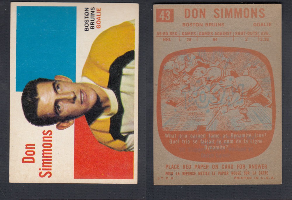 1960-61 TOPPS HOCKEY CARD #43 D. SIMMONS photo 1960-61 TOPPS HOCKEY CARD #43 D. SIMMONS photo