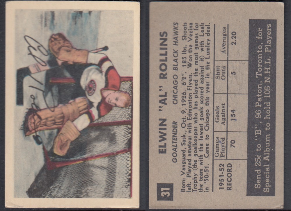 1952-53 PARKHURST HOCKEY CARD #31 E. ROLLINS photo 1952-53 PARKHURST HOCKEY CARD #31 E. ROLLINS photo