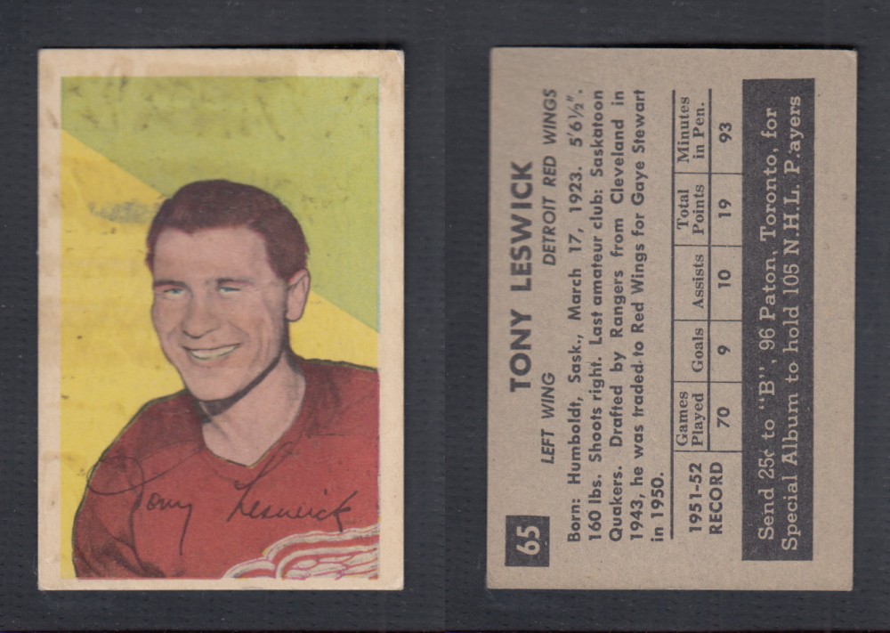 1952-53 PARKHURST HOCKEY CARD #65 T. LESWICK photo 1952-53 PARKHURST HOCKEY CARD #65 T. LESWICK photo