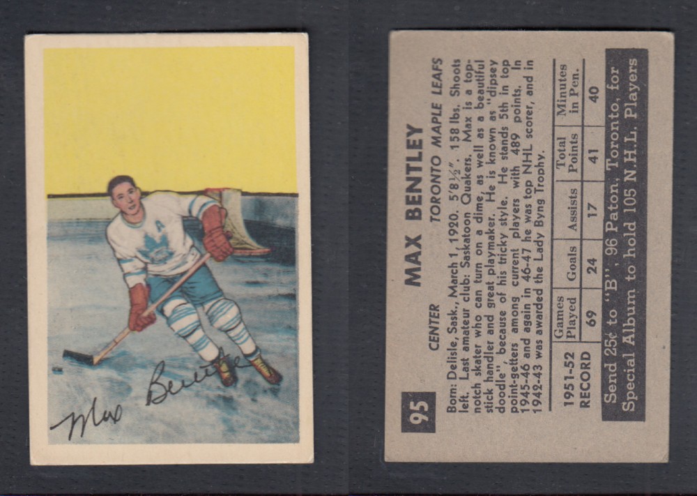 1952-53 PARKHURST HOCKEY CARD #95 M. BENTLEY photo 1952-53 PARKHURST HOCKEY CARD #95 M. BENTLEY photo