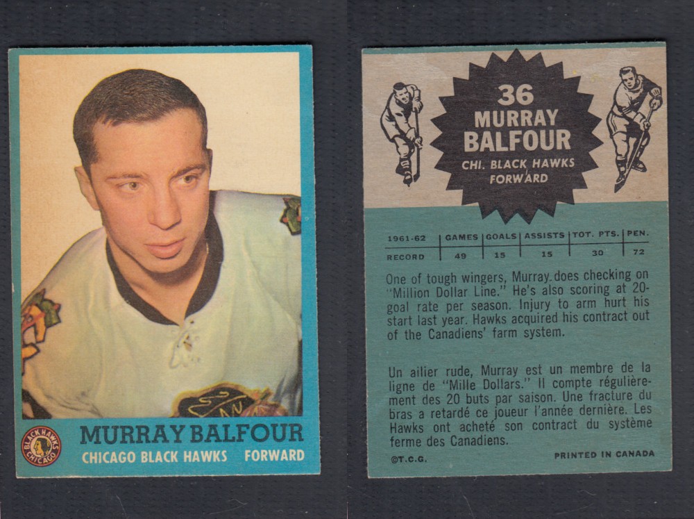 1962-63 TOPPS HOCKEY CARD #36 M. BALFOUR photo 1962-63 TOPPS HOCKEY CARD #36 M. BALFOUR photo