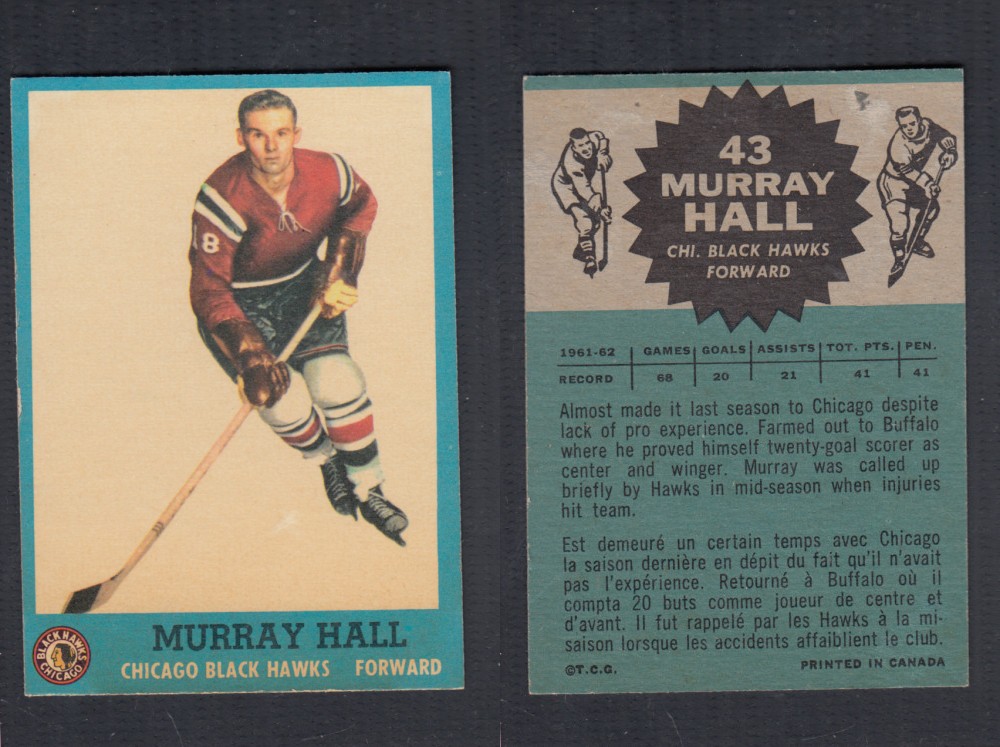 1962-63 TOPPS HOCKEY CARD #43 M. HALL photo 1962-63 TOPPS HOCKEY CARD #43 M. HALL photo