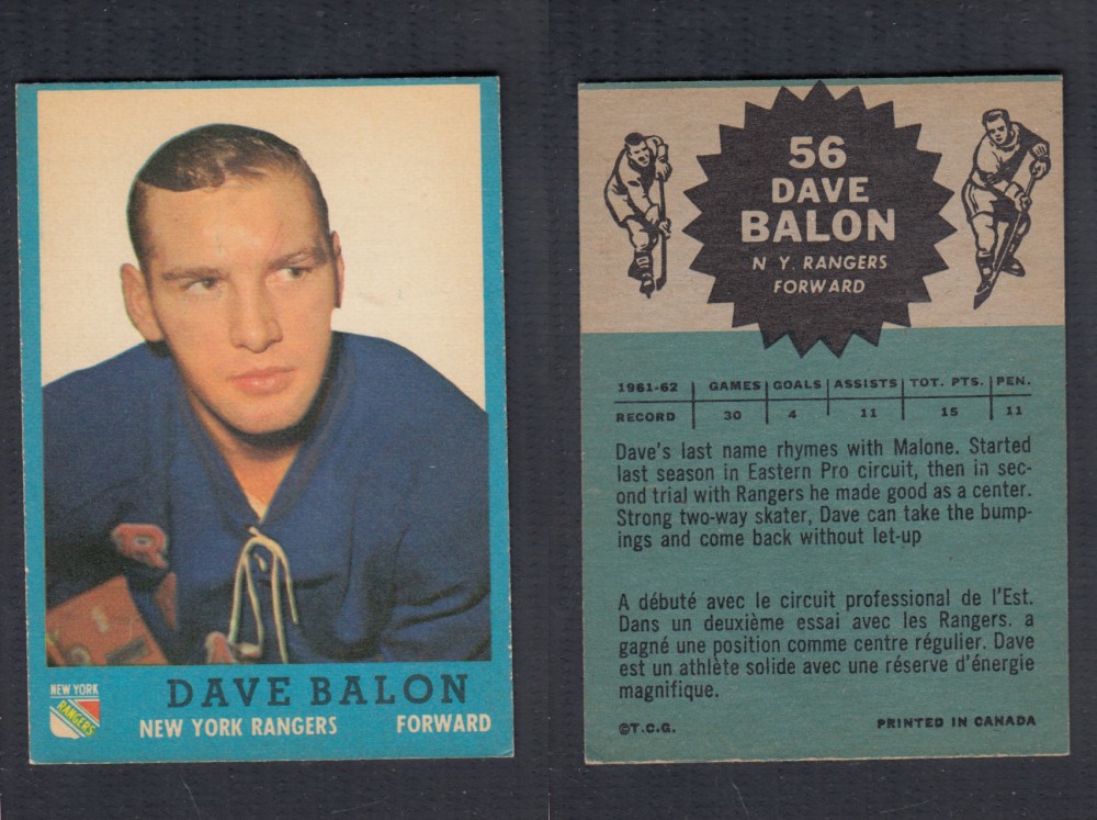 1962-63 TOPPS HOCKEY CARD #56 D. BALON photo 1962-63 TOPPS HOCKEY CARD #56 D. BALON photo
