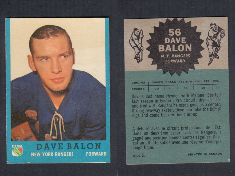 1962-63 TOPPS HOCKEY CARD #56 D. BALON photo 1962-63 TOPPS HOCKEY CARD #56 D. BALON photo