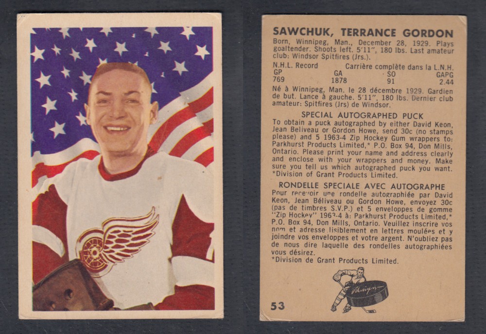 1963-64 PARKHURST HOCKEY CARD #53 T. SAWCHUK photo 1963-64 PARKHURST HOCKEY CARD #53 T. SAWCHUK photo