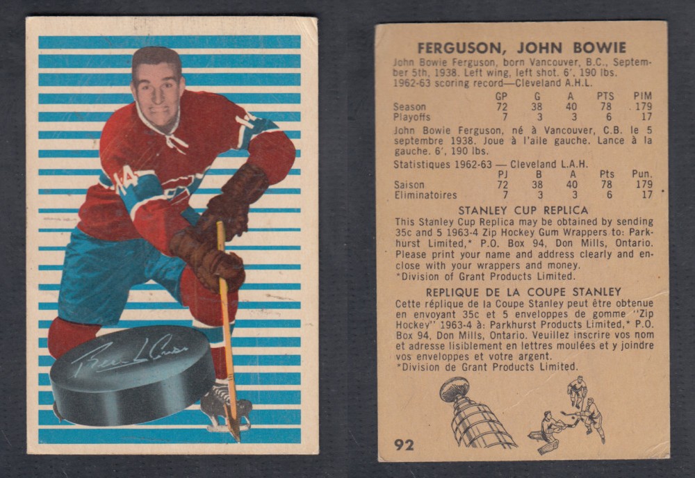 1963-64 PARKHURST HOCKEY CARD #92 J. FERGUSON photo 1963-64 PARKHURST HOCKEY CARD #92 J. FERGUSON photo