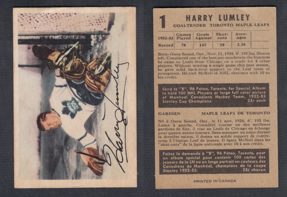 1953-54 PARKHURST HOCKEY CARD #1 H. LUMLEY photo 1953-54 PARKHURST HOCKEY CARD #1 H. LUMLEY photo