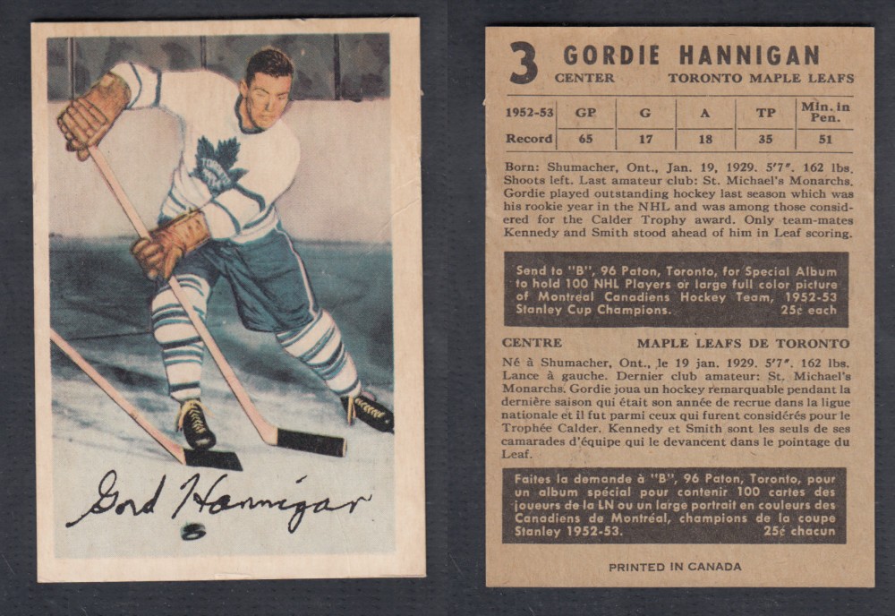 1953-54 PARKHURST HOCKEY CARD #3 G. HANNIGAN photo 1953-54 PARKHURST HOCKEY CARD #3 G. HANNIGAN photo