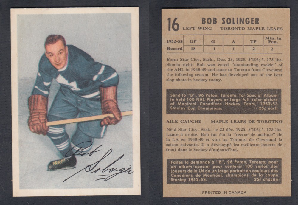 1953-54 PARKHURST HOCKEY CARD #16 B. SOLINGER photo