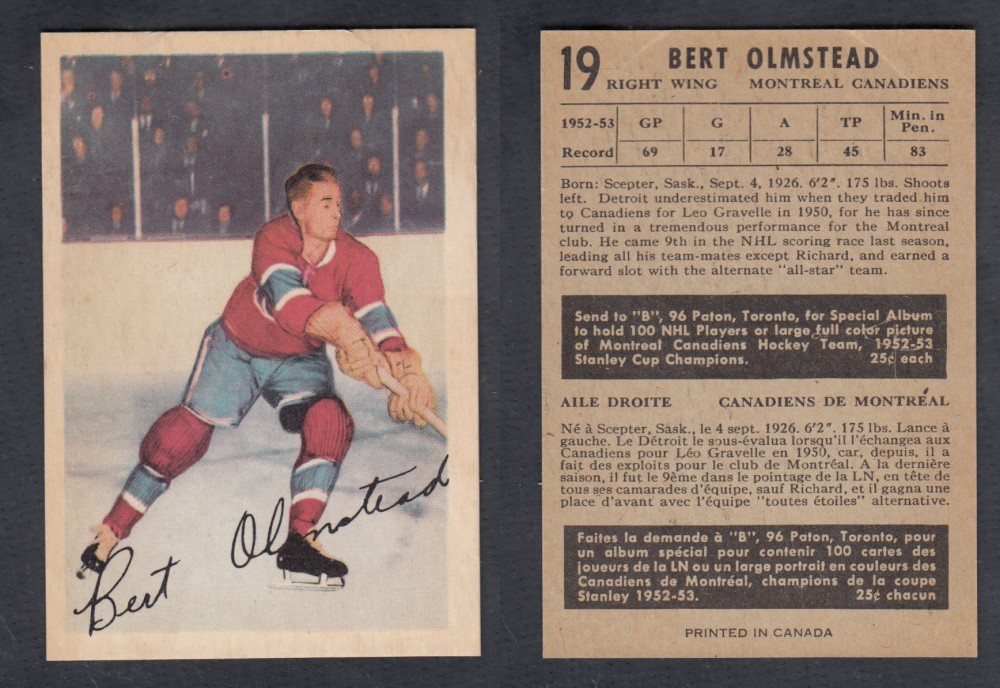 1953-54 PARKHURST HOCKEY CARD #19 B. OLMSTEAD photo 1953-54 PARKHURST HOCKEY CARD #19 B. OLMSTEAD photo