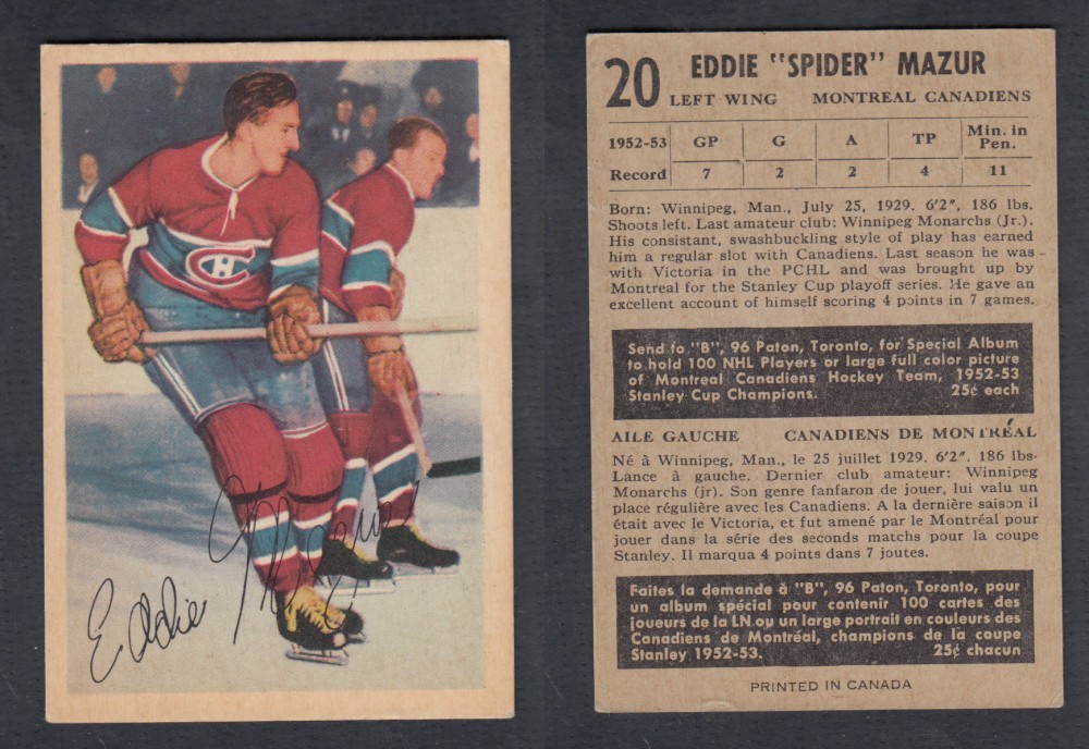 1953-54 PARKHURST HOCKEY CARD #20 E. MAZUR photo 1953-54 PARKHURST HOCKEY CARD #20 E. MAZUR photo