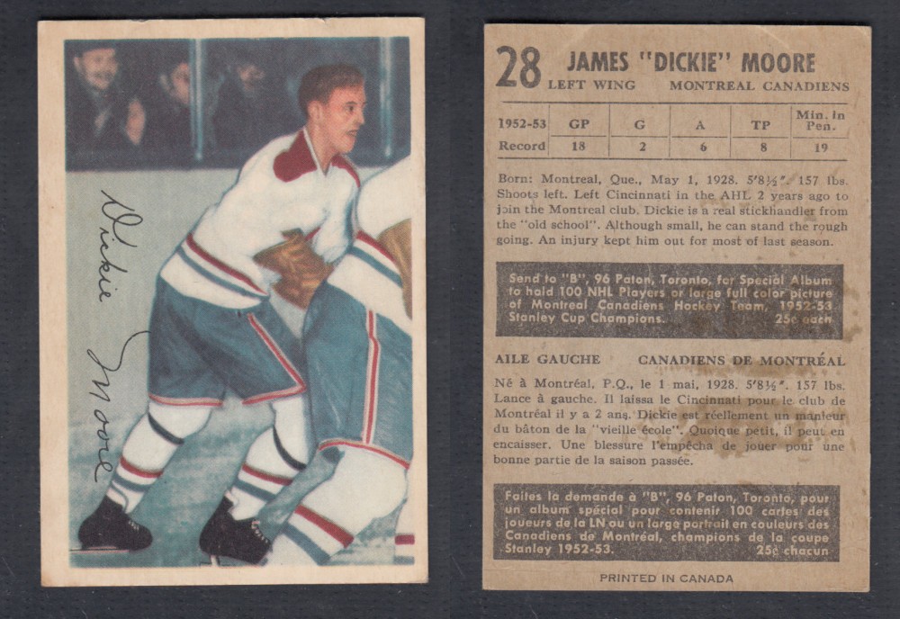 1953-54 PARKHURST HOCKEY CARD #28 J. MOORE photo 1953-54 PARKHURST HOCKEY CARD #28 J. MOORE photo