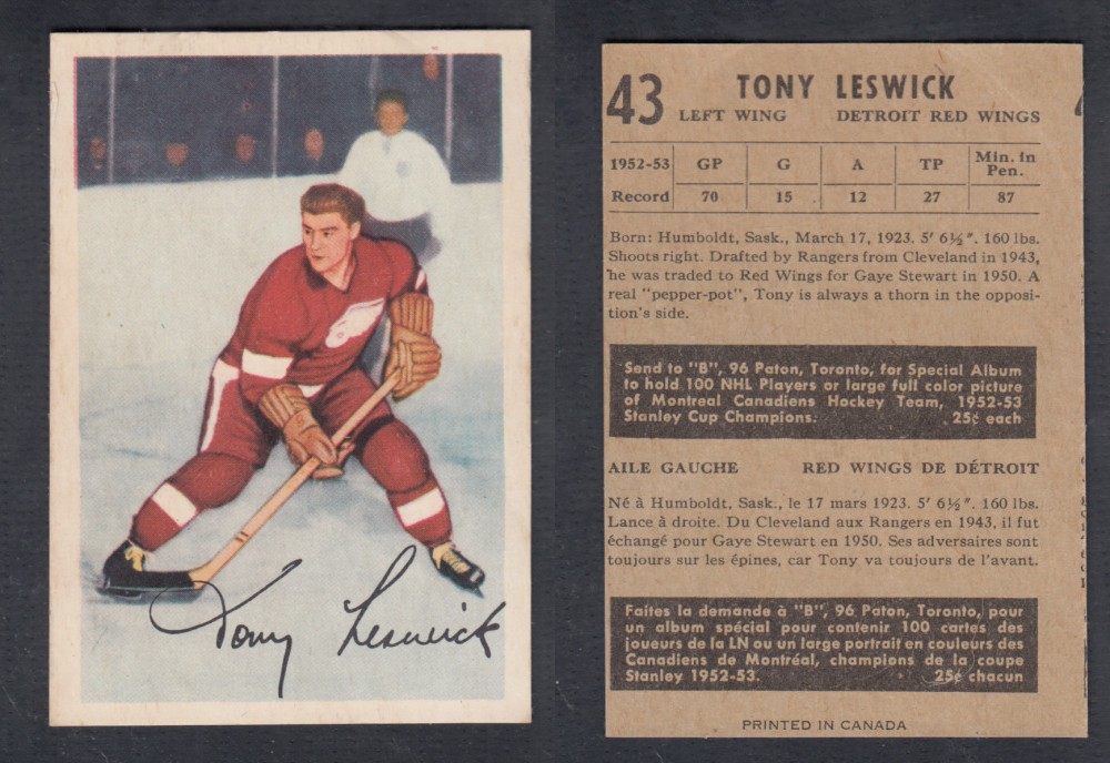 1953-54 PARKHURST HOCKEY CARD #43 T. LESWICK photo 1953-54 PARKHURST HOCKEY CARD #43 T. LESWICK photo
