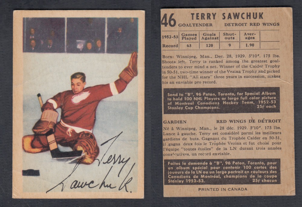 1953-54 PARKHURST HOCKEY CARD #46 T. SAWCHUK photo 1953-54 PARKHURST HOCKEY CARD #46 T. SAWCHUK photo
