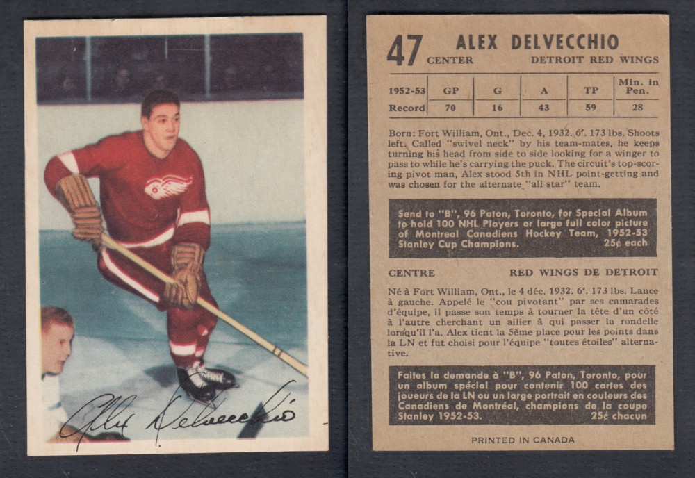 1953-54 PARKHURST HOCKEY CARD #47 A. DELVECCHIO photo 1953-54 PARKHURST HOCKEY CARD #47 A. DELVECCHIO photo