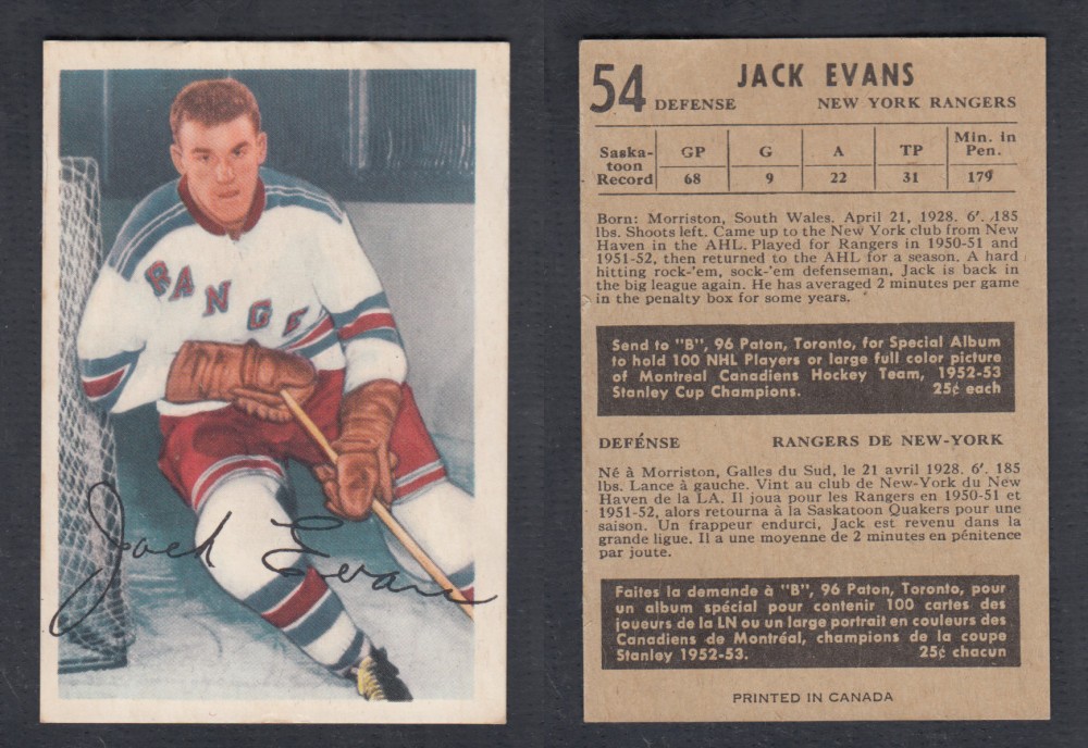 1953-54 PARKHURST HOCKEY CARD #54 J. EVANS photo 1953-54 PARKHURST HOCKEY CARD #54 J. EVANS photo