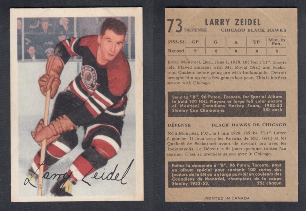 1953-54 PARKHURST HOCKEY CARD #73 L. ZEIDEL photo 1953-54 PARKHURST HOCKEY CARD #73 L. ZEIDEL photo