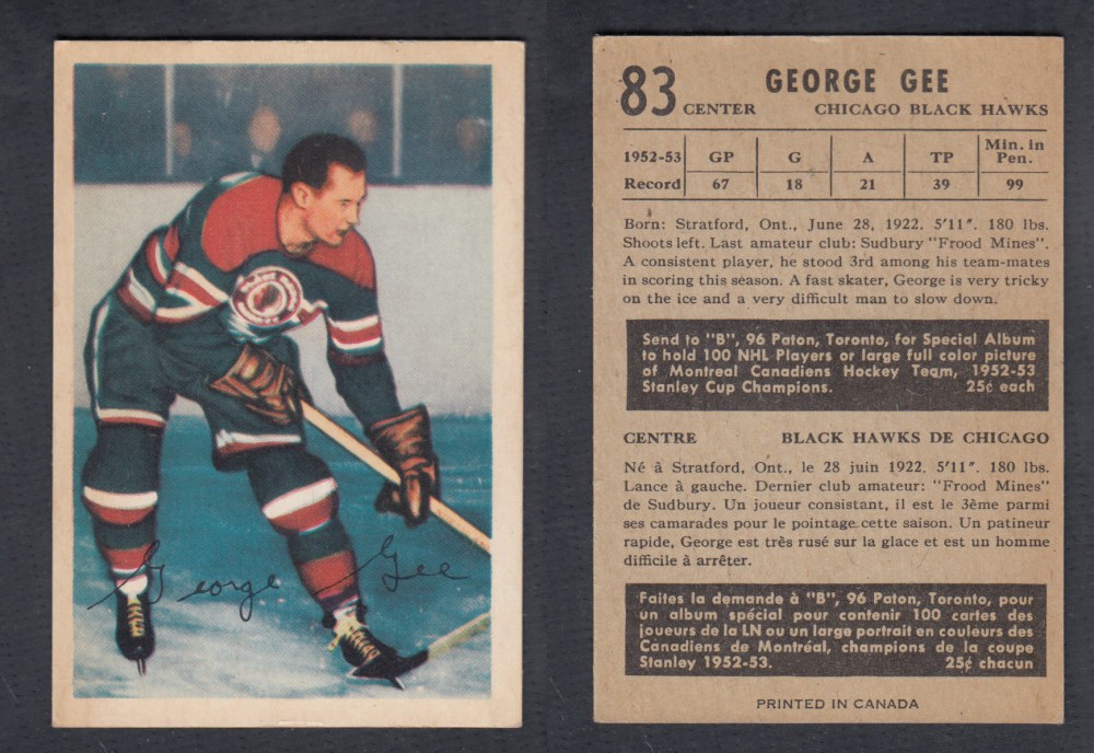1953-54 PARKHURST HOCKEY CARD #83 G. GEE photo 1953-54 PARKHURST HOCKEY CARD #83 G. GEE photo