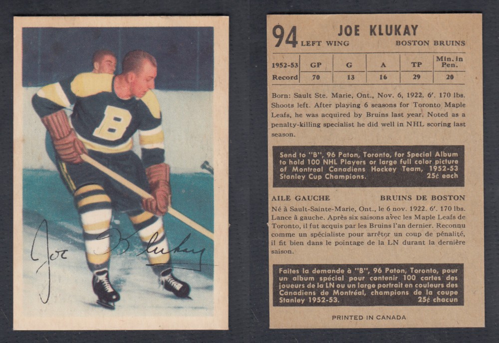 1953-54 PARKHURST HOCKEY CARD #94 J. KLUKAY photo 1953-54 PARKHURST HOCKEY CARD #94 J. KLUKAY photo