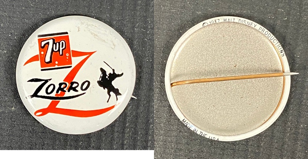 1959 7UP DISNEY ZORRO PIN PINBACK photo