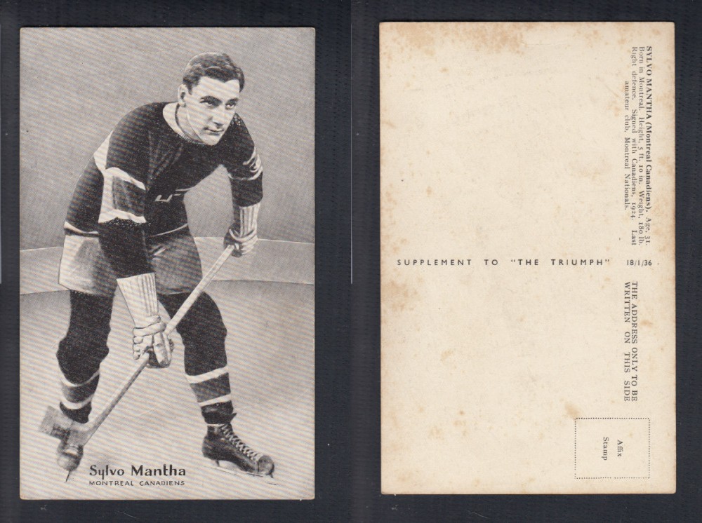 1935-36 AMALGAMATED PRESS HOCKEY CARD S. MANTHA photo 1935-36 AMALGAMATED PRESS HOCKEY CARD S. MANTHA photo