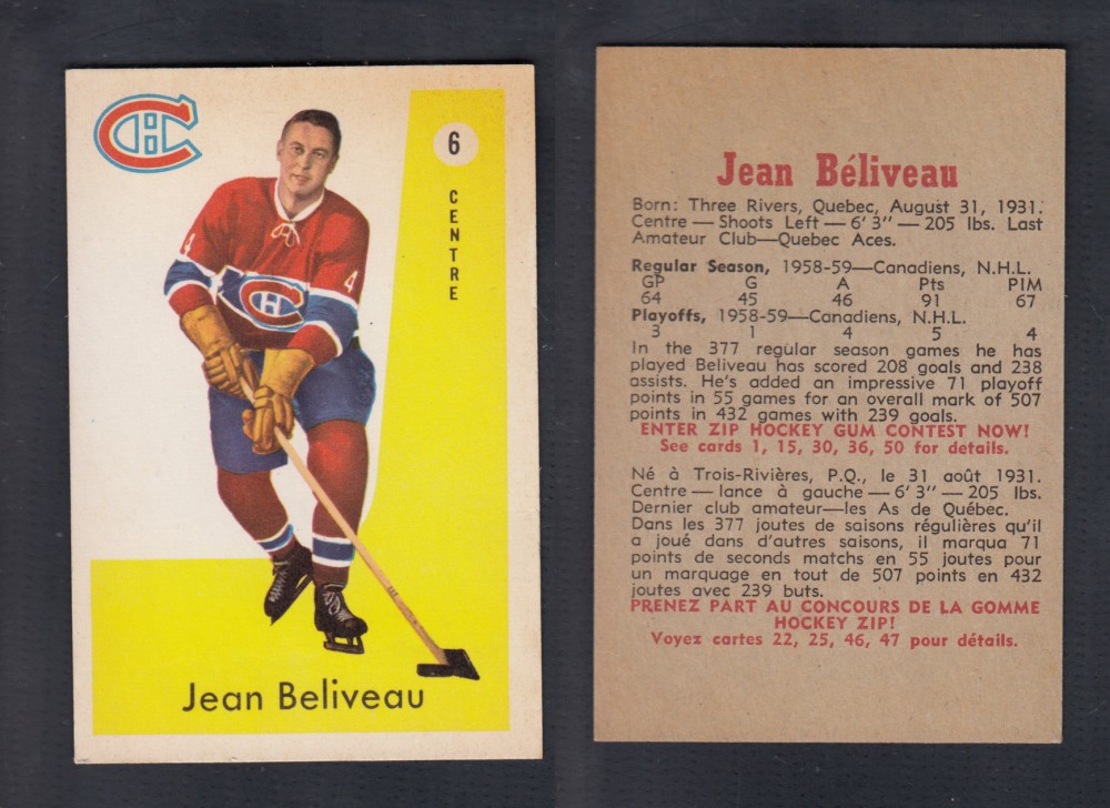 1959-60 PARKHURST HOCKEY CARD #6 J. BELIVEAU photo 1959-60 PARKHURST HOCKEY CARD #6 J. BELIVEAU photo