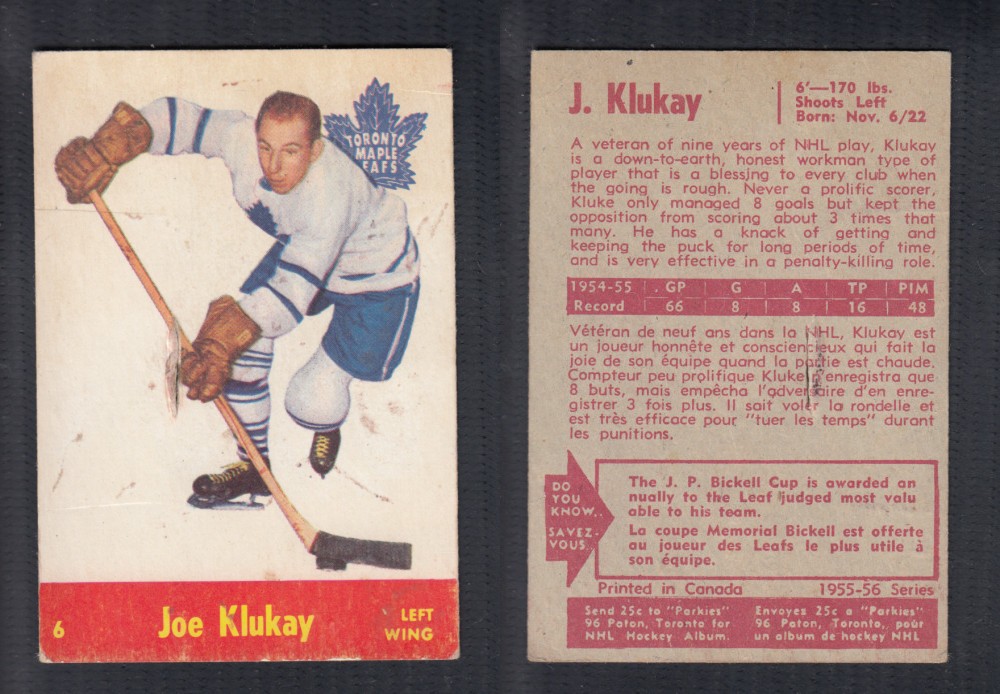 1955-56 PARKHURST HOCKEY CARD #6 J. KLUKAY photo 1955-56 PARKHURST HOCKEY CARD #6 J. KLUKAY photo