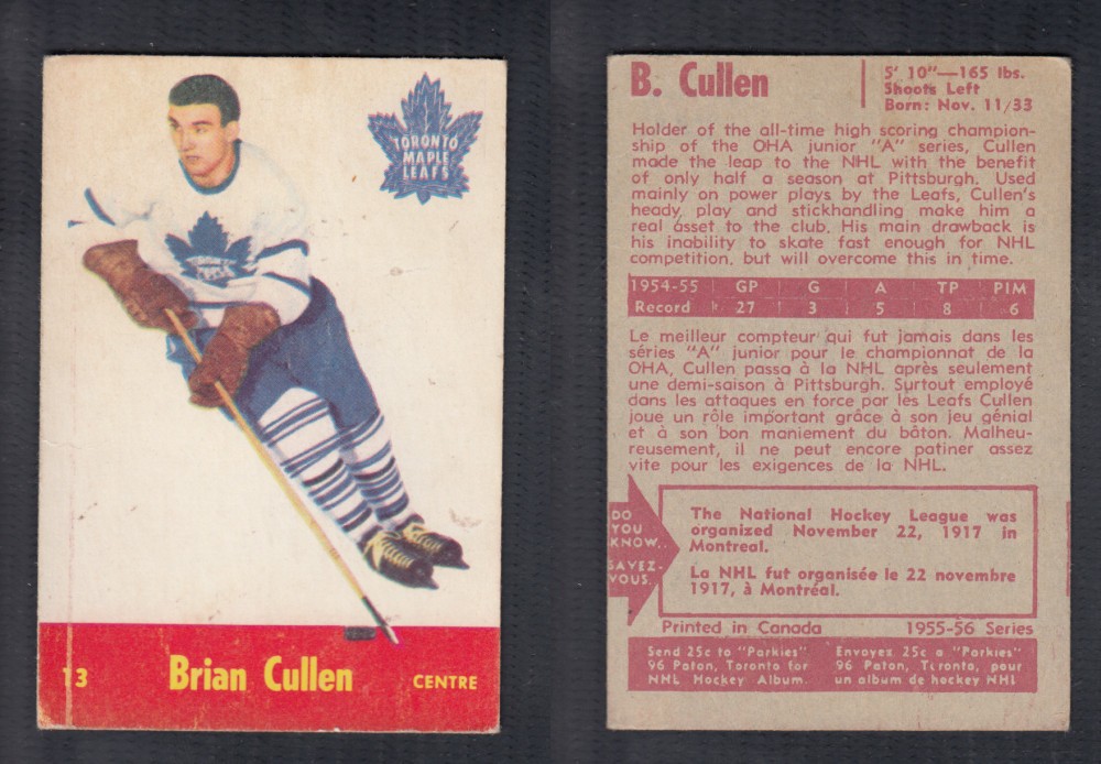 1955-56 PARKHURST HOCKEY CARD #13 B. CULLEN photo 1955-56 PARKHURST HOCKEY CARD #13 B. CULLEN photo