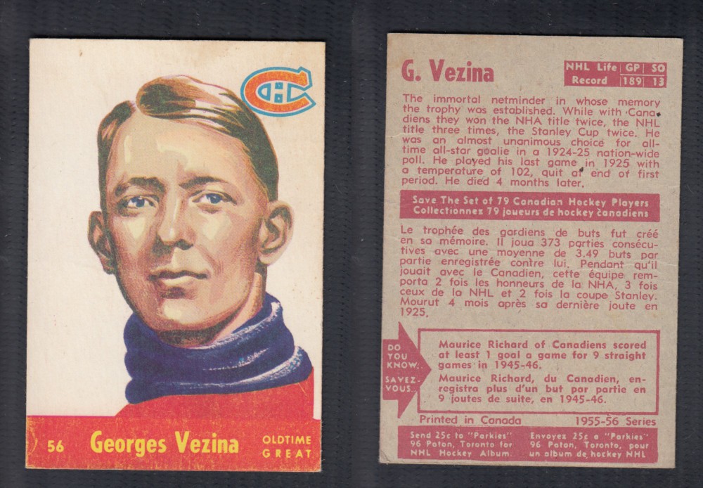 1955-56 PARKHURST HOCKEY CARD #56 G. VEZINA photo 1955-56 PARKHURST HOCKEY CARD #56 G. VEZINA photo