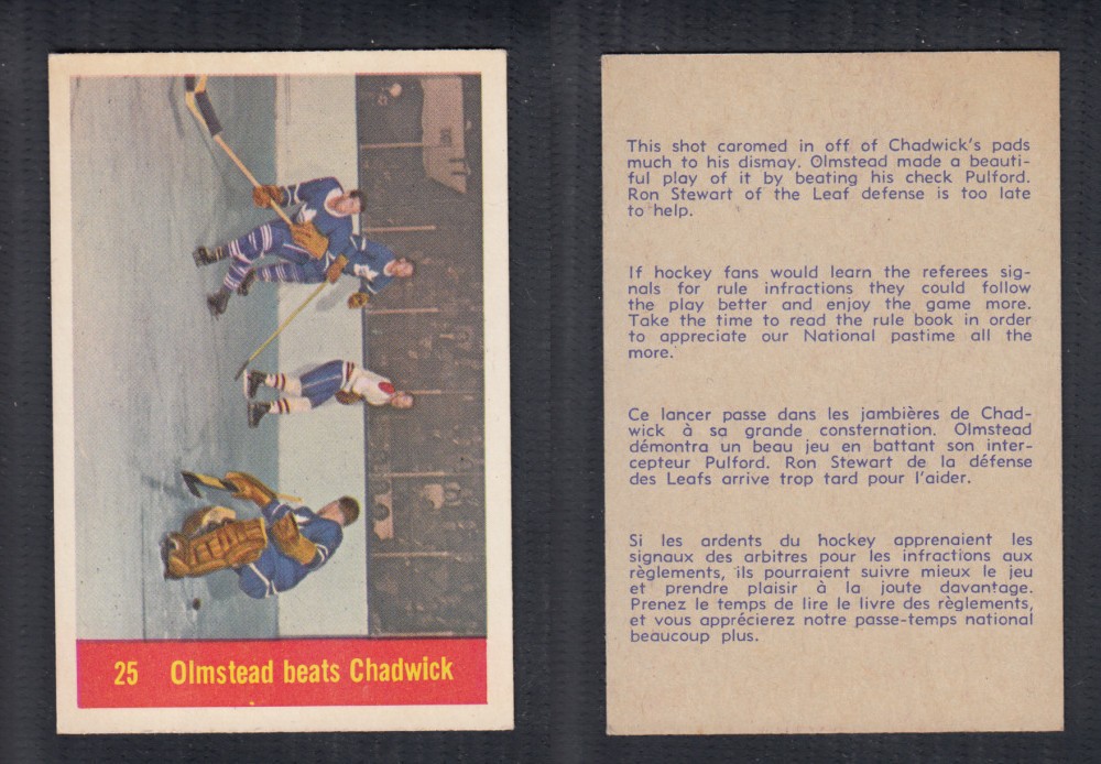 1957-58 PARKHURST HOCKEY CARD #25 OLMSTEAD BEATS CHADWICK photo 1957-58 PARKHURST HOCKEY CARD #25 OLMSTEAD BEATS CHADWICK photo