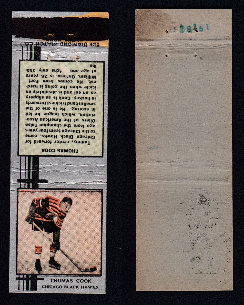 1933-34 DIAMOND MATCHBOOK HOCKEY CARD SILVER T. COOK photo 1933-34 DIAMOND MATCHBOOK HOCKEY CARD SILVER T. COOK photo