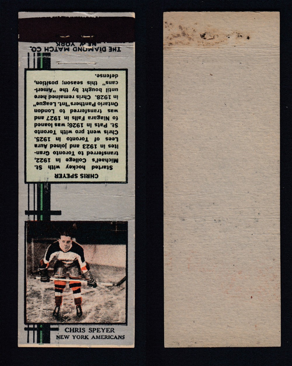 1933-34 DIAMOND MATCHBOOK HOCKEY CARD SILVER C. SPEYER photo 1933-34 DIAMOND MATCHBOOK HOCKEY CARD SILVER C. SPEYER photo