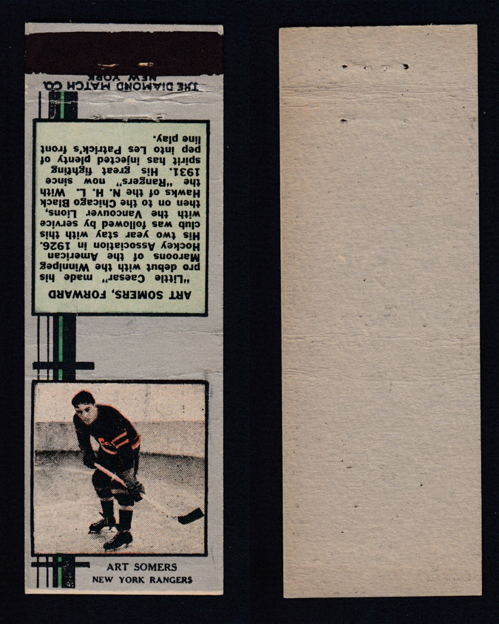 1933-34 DIAMOND MATCHBOOK HOCKEY CARD SILVER A. SOMERS photo 1933-34 DIAMOND MATCHBOOK HOCKEY CARD SILVER A. SOMERS photo
