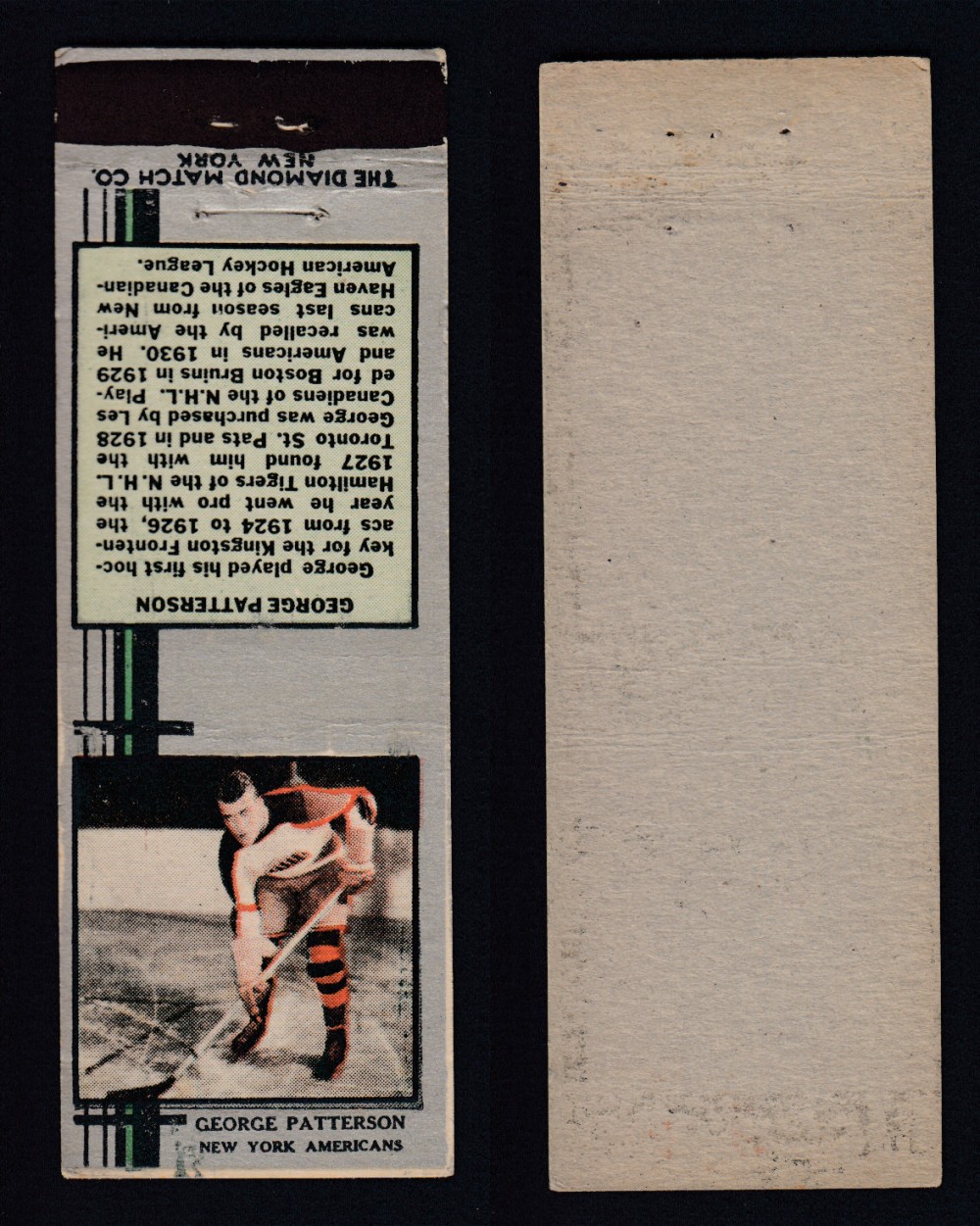 1933-34 DIAMOND MATCHBOOK HOCKEY CARD SILVER G. PATTERSON photo 1933-34 DIAMOND MATCHBOOK HOCKEY CARD SILVER G. PATTERSON photo