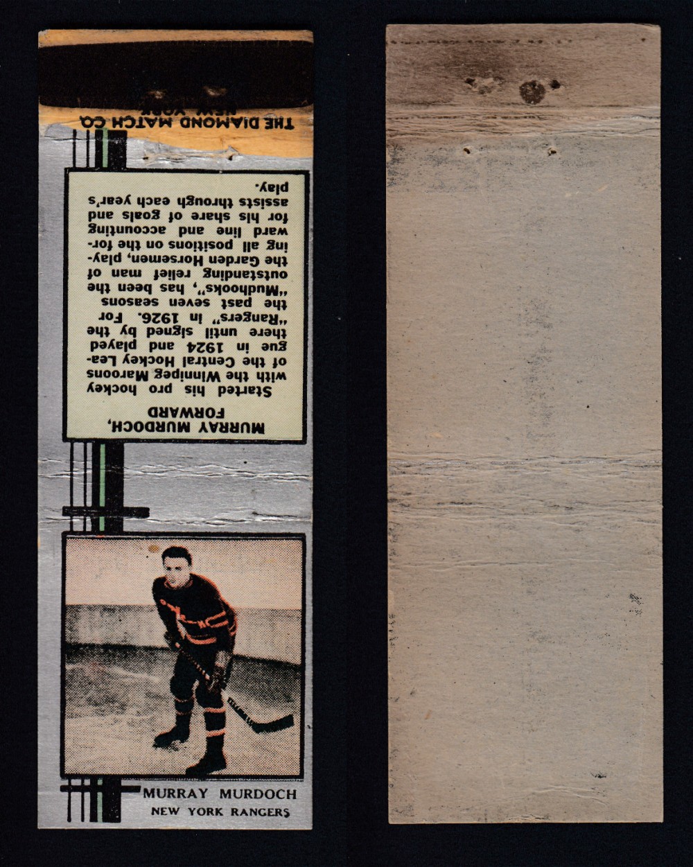 1933-34 DIAMOND MATCHBOOK HOCKEY CARD SILVER M. MURDOCH photo 1933-34 DIAMOND MATCHBOOK HOCKEY CARD SILVER M. MURDOCH photo
