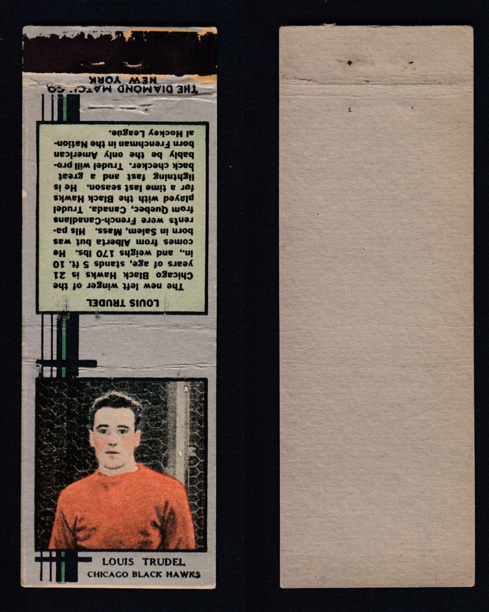 1933-34 DIAMOND MATCHBOOK HOCKEY CARD SILVER L. TRUDEL photo 1933-34 DIAMOND MATCHBOOK HOCKEY CARD SILVER L. TRUDEL photo