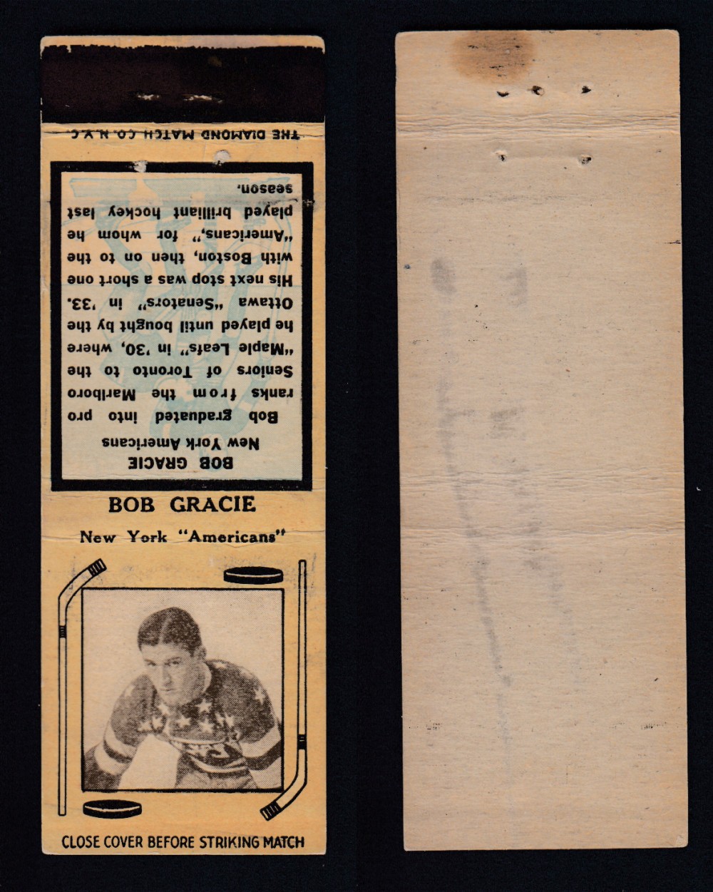 1934-35 DIAMOND MATCHBOOK HOCKEY CARD TYPE 1 B. GRACIE photo 1934-35 DIAMOND MATCHBOOK HOCKEY CARD TYPE 1 B. GRACIE photo