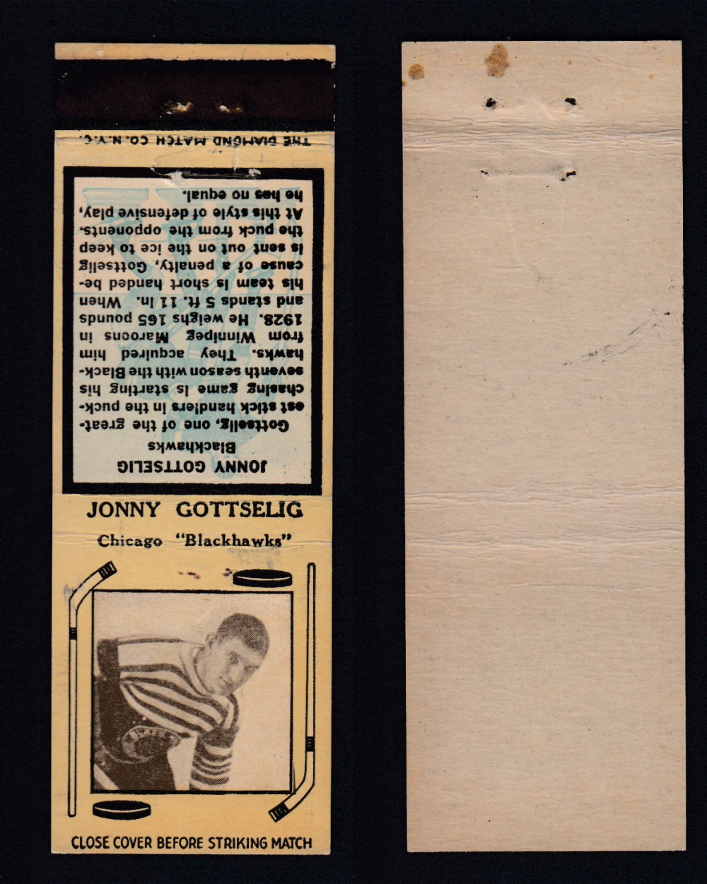 1934-35 DIAMOND MATCHBOOK HOCKEY CARD TYPE 1 J. GOTTSELIG photo 1934-35 DIAMOND MATCHBOOK HOCKEY CARD TYPE 1 J. GOTTSELIG photo