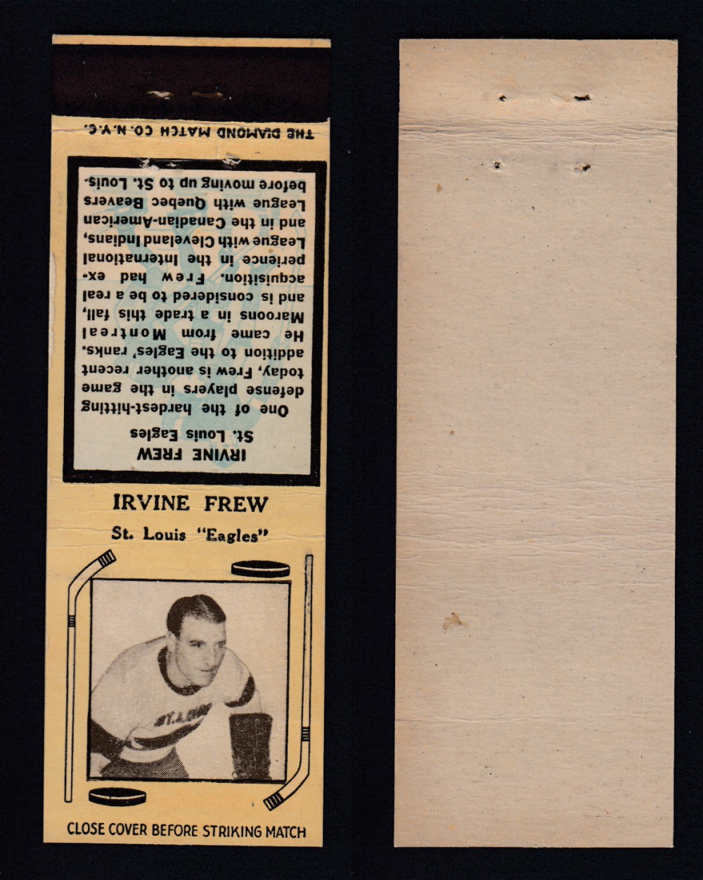 1934-35 DIAMOND MATCHBOOK HOCKEY CARD TYPE 1 I. FREW photo 1934-35 DIAMOND MATCHBOOK HOCKEY CARD TYPE 1 I. FREW photo