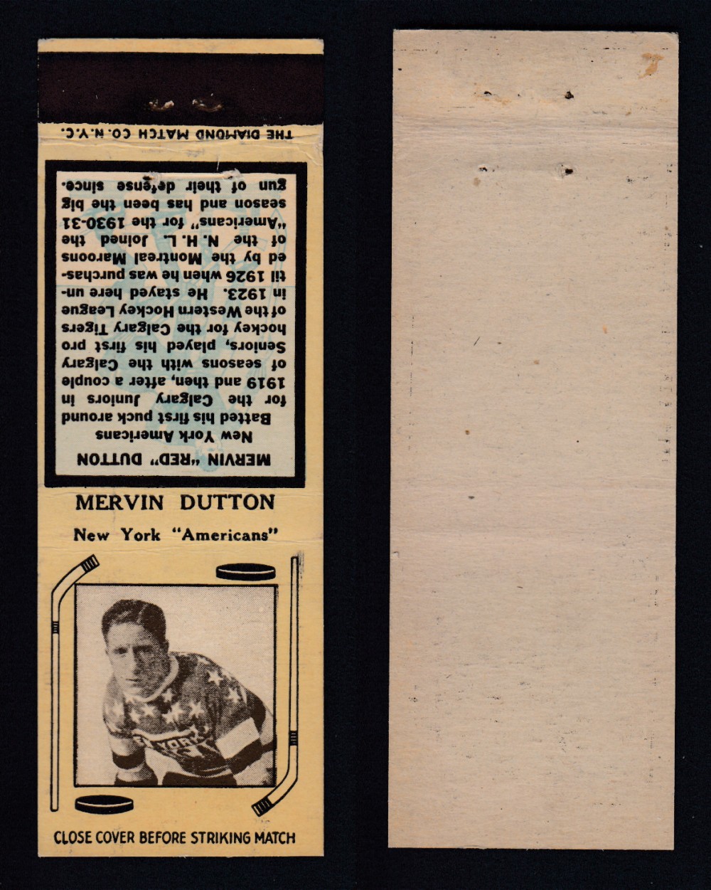 1934-35 DIAMOND MATCHBOOK HOCKEY CARD TYPE 1 M. DUTTON photo 1934-35 DIAMOND MATCHBOOK HOCKEY CARD TYPE 1 M. DUTTON photo