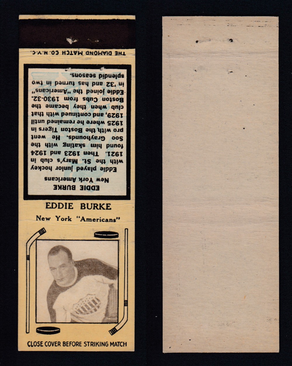 1934-35 DIAMOND MATCHBOOK HOCKEY CARD TYPE 1 E. BURKE photo 1934-35 DIAMOND MATCHBOOK HOCKEY CARD TYPE 1 E. BURKE photo