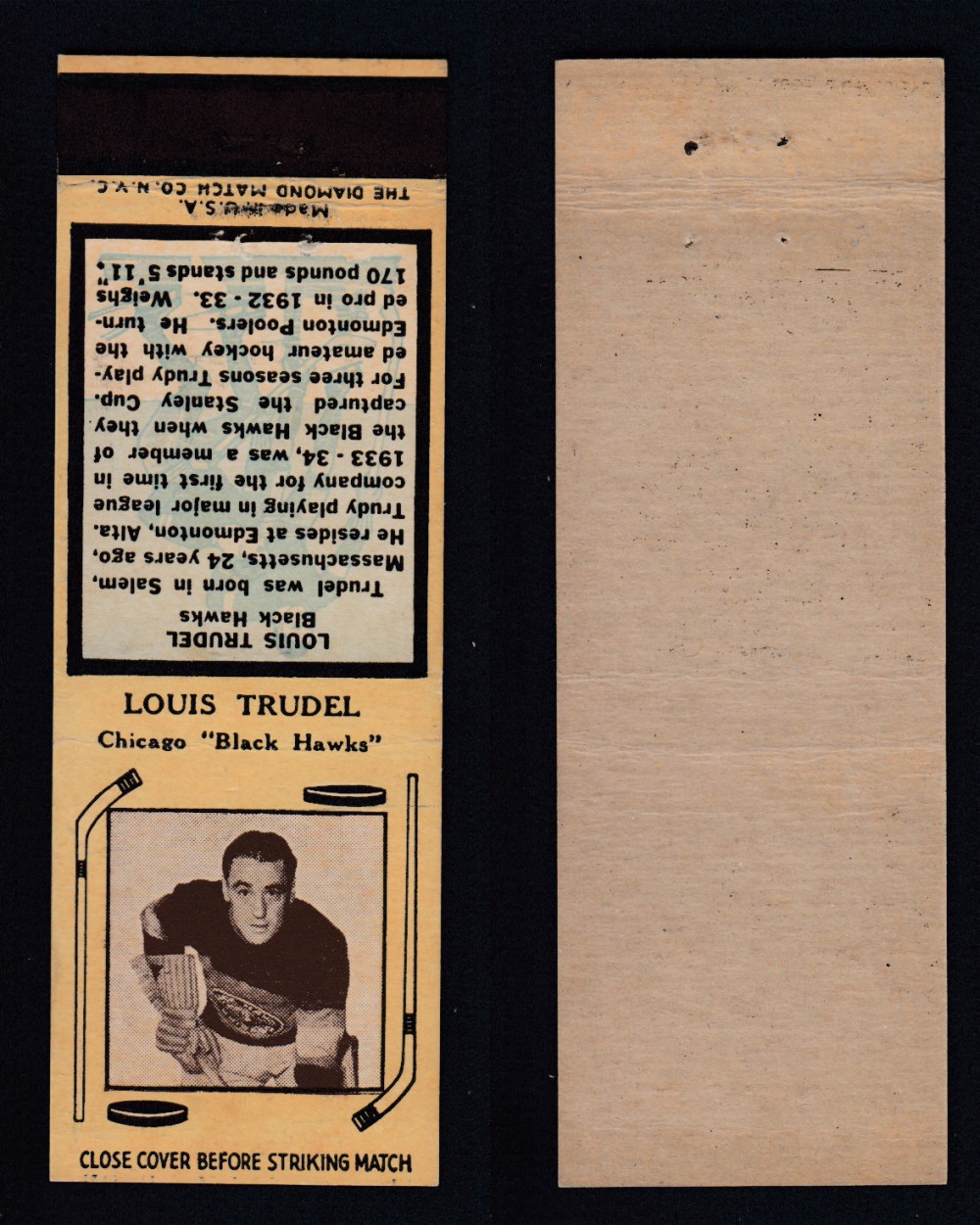 1936-37 DIAMOND MATCHBOOK HOCKEY CARD TYPE 4 L. TRUDEL photo 1936-37 DIAMOND MATCHBOOK HOCKEY CARD TYPE 4 L. TRUDEL photo