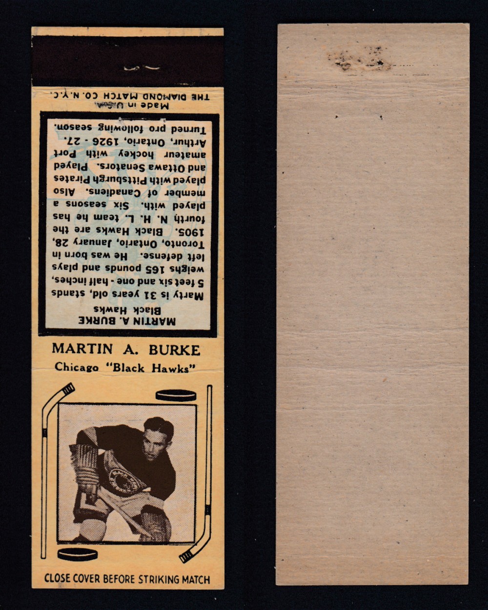 1936-37 DIAMOND MATCHBOOK HOCKEY CARD TYPE 4 M. BURKE photo 1936-37 DIAMOND MATCHBOOK HOCKEY CARD TYPE 4 M. BURKE photo