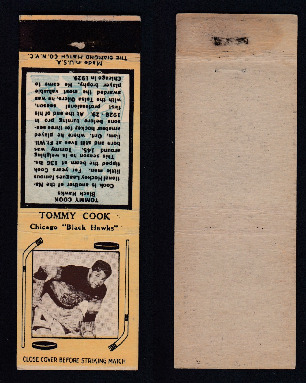 1936-37 DIAMOND MATCHBOOK HOCKEY CARD TYPE 4 T. COOKE photo 1936-37 DIAMOND MATCHBOOK HOCKEY CARD TYPE 4 T. COOKE photo